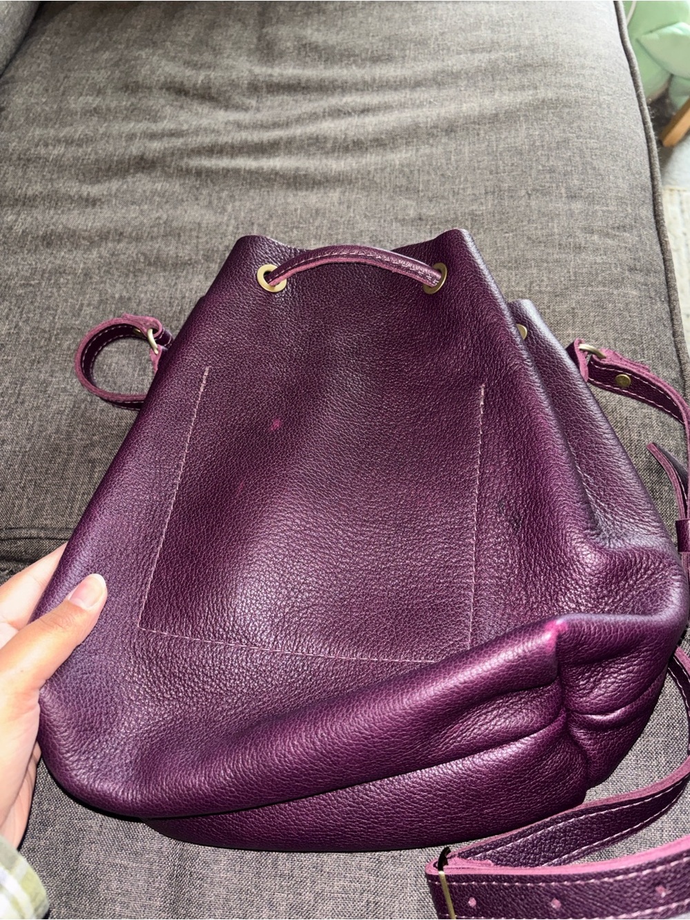 Large Plum Pebbled Leather Drawstring Shoulder Bag - Picture 3 of 8
